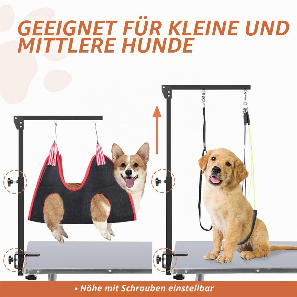 Fellpflegearm mit Klemme, Verstellbarer Hunde-Fellpflege-Tischarm mit Zwei No-Sit-Halterungen und Hängemattengeschirr, faltbares Haustierpflegezubehör für kleine, mittelgroße Hunde