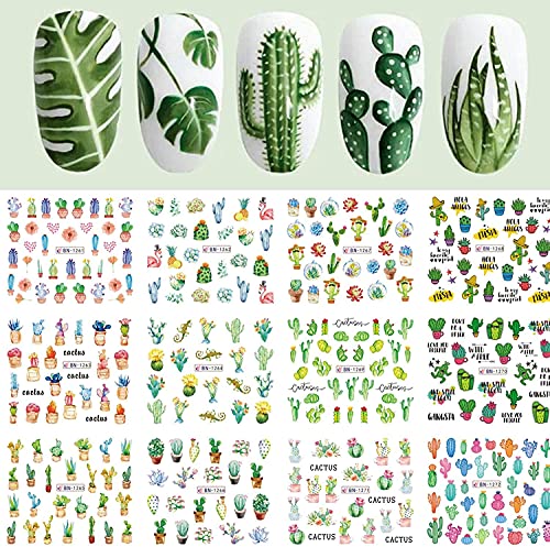 Summer Cactus Nail Art Stickers Nail Water Decals 12 Sheets Desert Plant Nail Art Accessories Stickers for Women Girls Natural & Fake Fingernails Decorations Cute Nail Charms Supplies Manicure Wraps