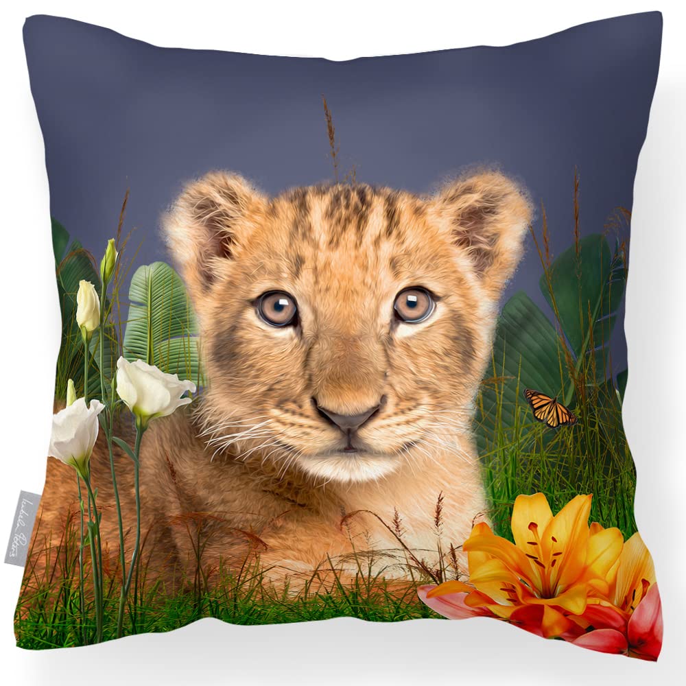Izabela Peters Jungle Lion Cub - Graphite Outdoor Cushions Waterproof, 43 Cm, Filled Outdoor Cushion, Garden Furniture Cushions, Outdoor Seat Cushions, Garden Chair Cushions