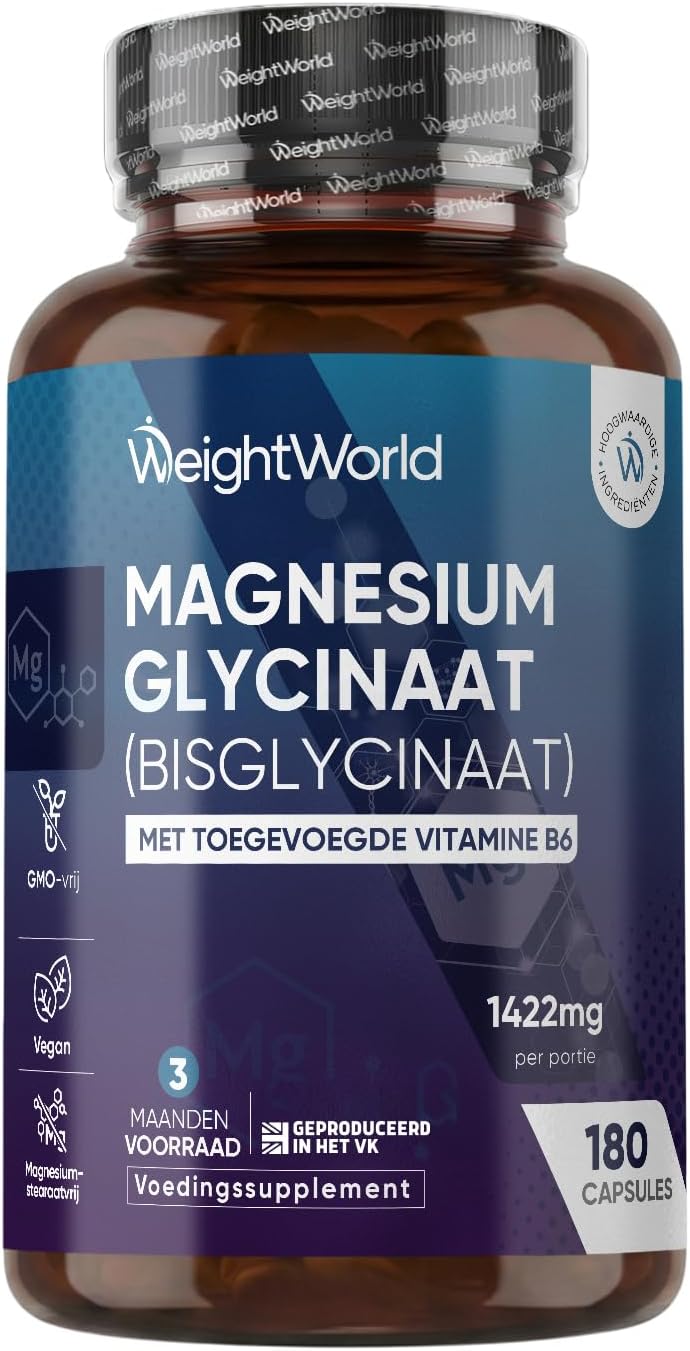 Magnesium Bisglycinaat (Glycinaat) capsules - 1422 mg - Levert 200 mg Elementair Magnesium - Met Vitamine B6-180 capsules voor 3 maanden voorraad - Gemaakt in de EU - Vegan - Van WeightWorld