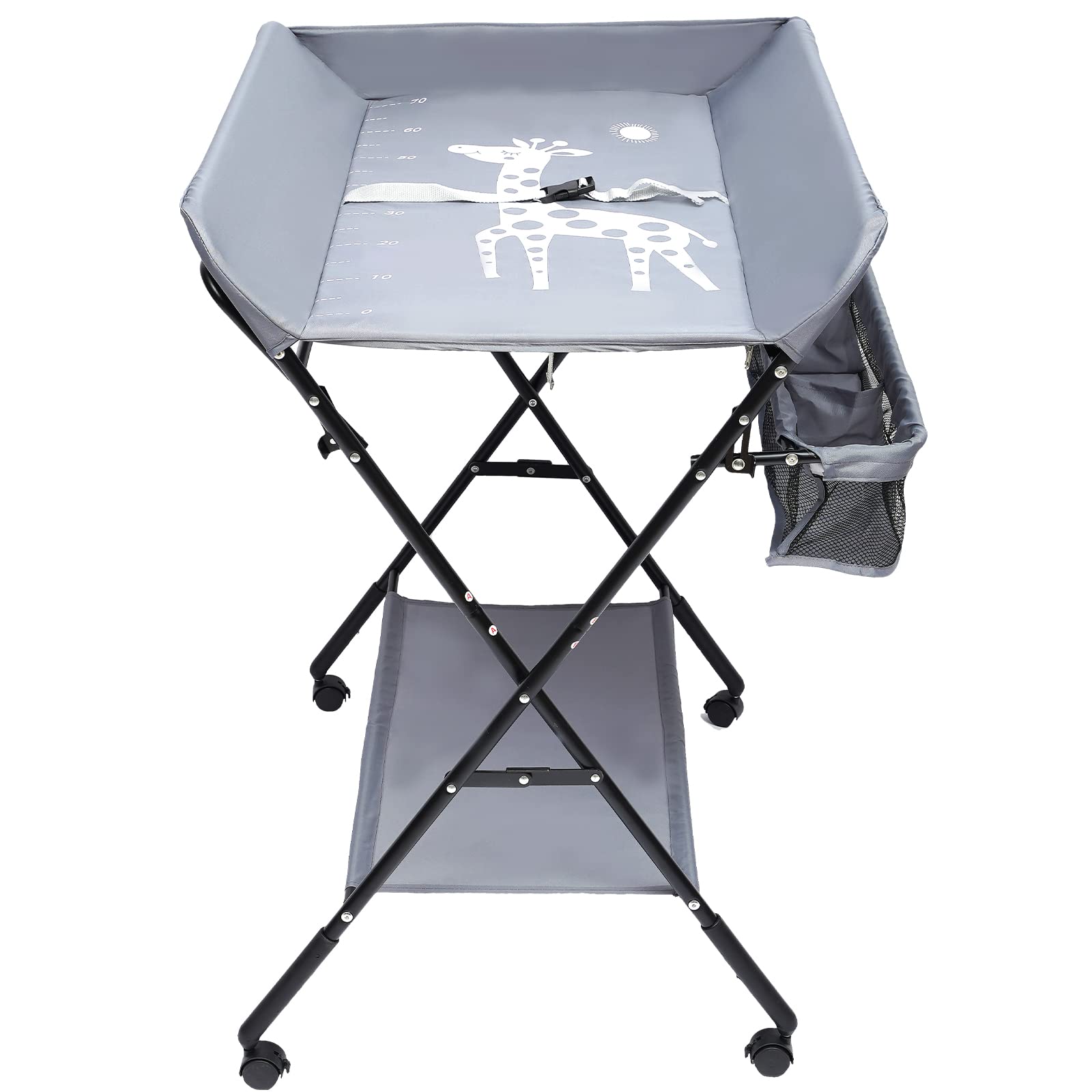 Cambiador plegable para bebé, portátil, cambiador portátil, 25 kg, estación cambiadora para niños, 3 compartimentos, con 4 ruedas universales, cinturón de seguridad