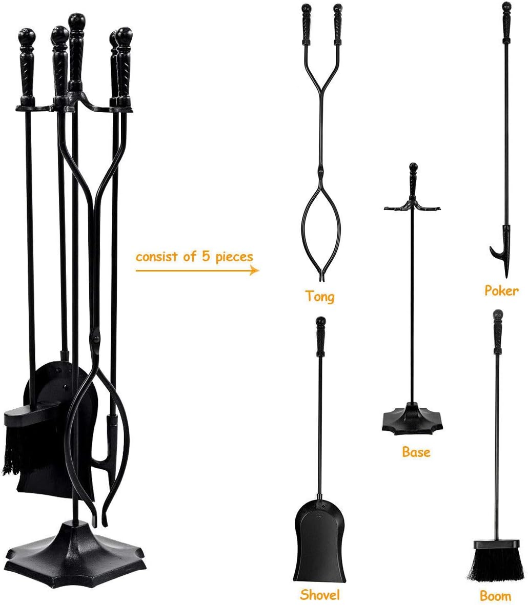 Tangkula 32 inch Fireplace Set 5 Piece Rustic Heavy Duty Compact Wrought Iron Fire Place Tool Set with Pedestal Place, Hearth Tool