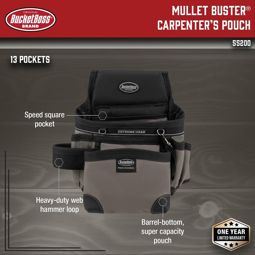 Bucket Boss - Mullet Buster Carpenter’s Pouch, Pouches - Professional Series (55200), Gray