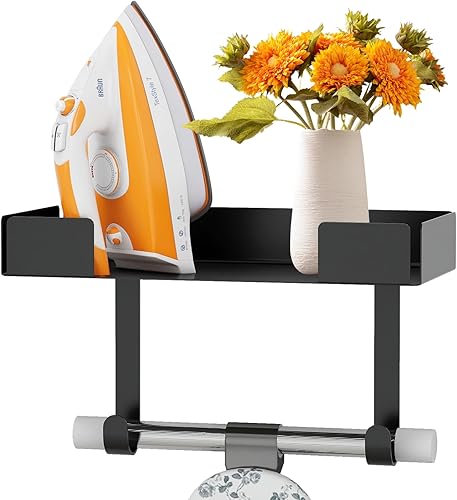 JUYSON Soporte para tabla de planchar, juego de hierro montado en la pared y tabla de almacenamiento para cuartos de lavandería (negro)