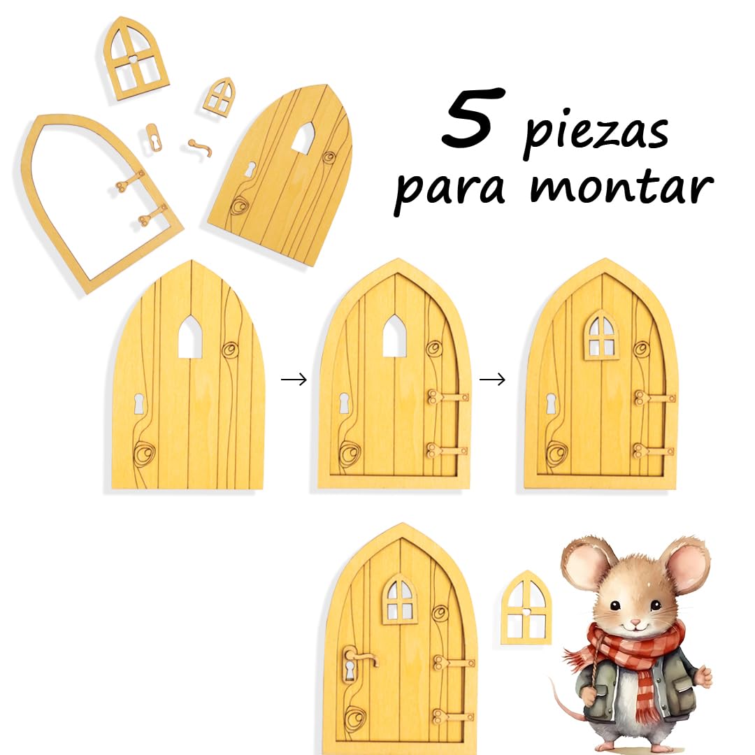 Pack Puerta Ratoncito Perez + Caja Dientes de leche Niño Niña. Caja Recuerdos Bebe. Madera de Calidad (Niño)