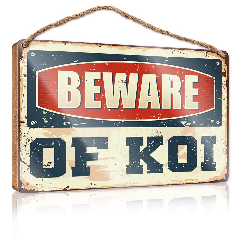 DTHA Wooden Hanging Sign Beware Of Koi Wooden Sign Wall Hanging Decor Men Patio Bar Accessories(23X35CM)