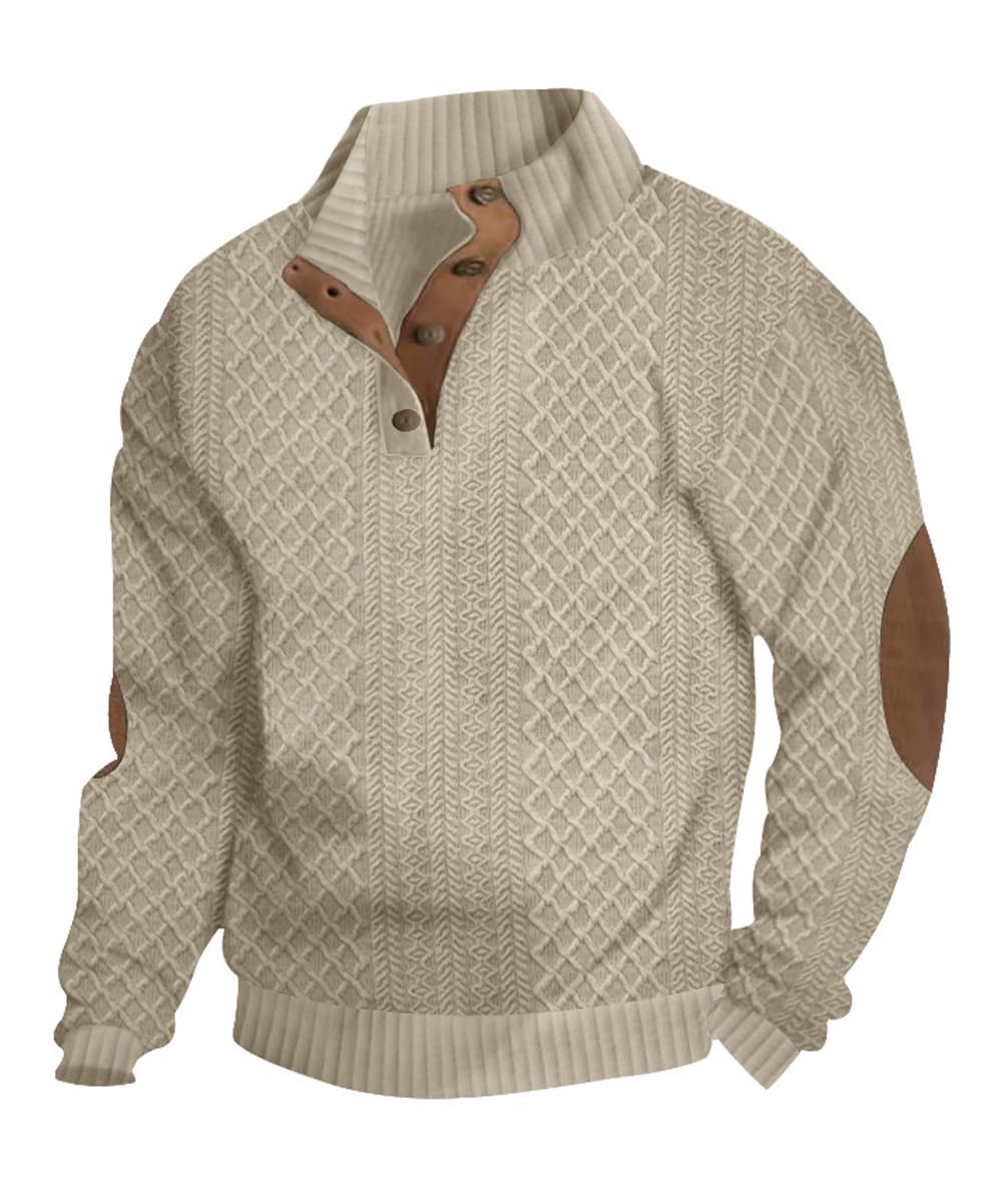Mens Fashion Stand Up Collar Cable Knitted Dress Sweater Pullover with Elbow Patch, R Khaki, Medium