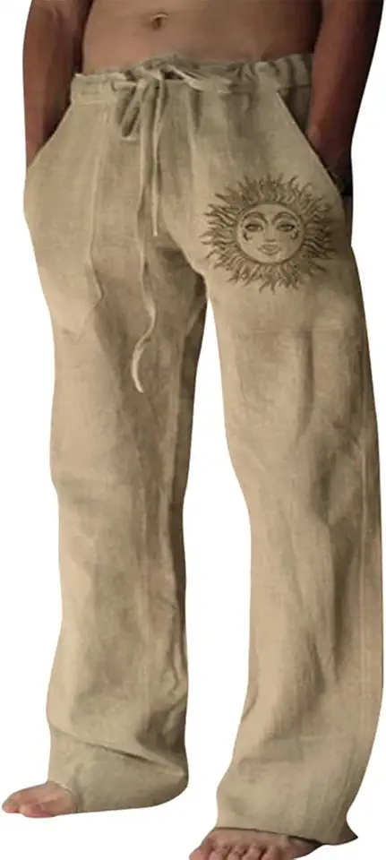 Puimentiua Cotton Linen Pants Men, Summer Beach Pants Loose Fit with Elastic Waist Drawstring