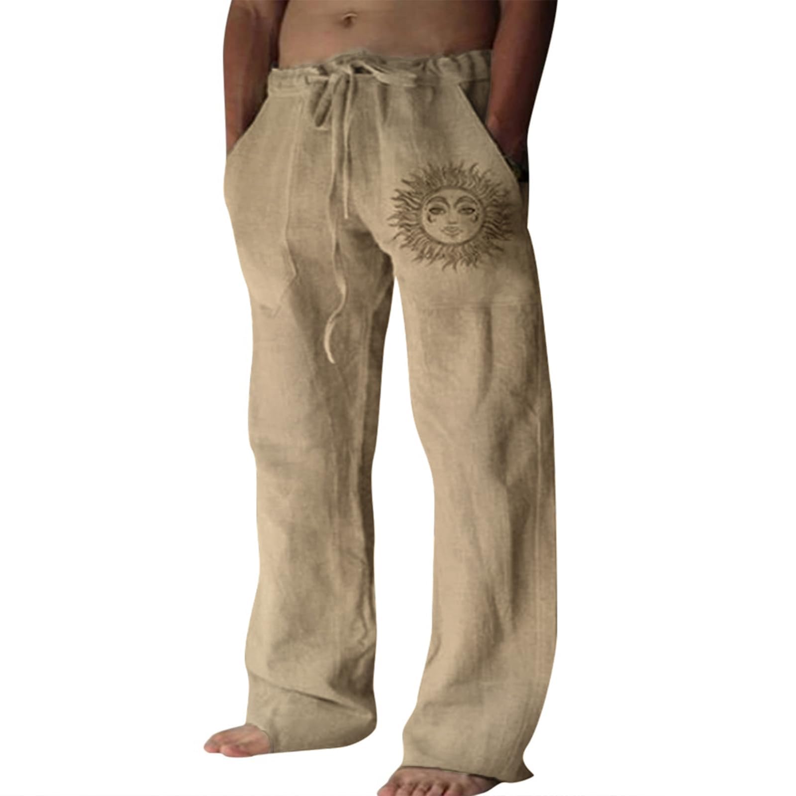 Puimentiua Cotton Linen Pants Men, Summer Beach Pants Loose Fit with Elastic Waist Drawstring