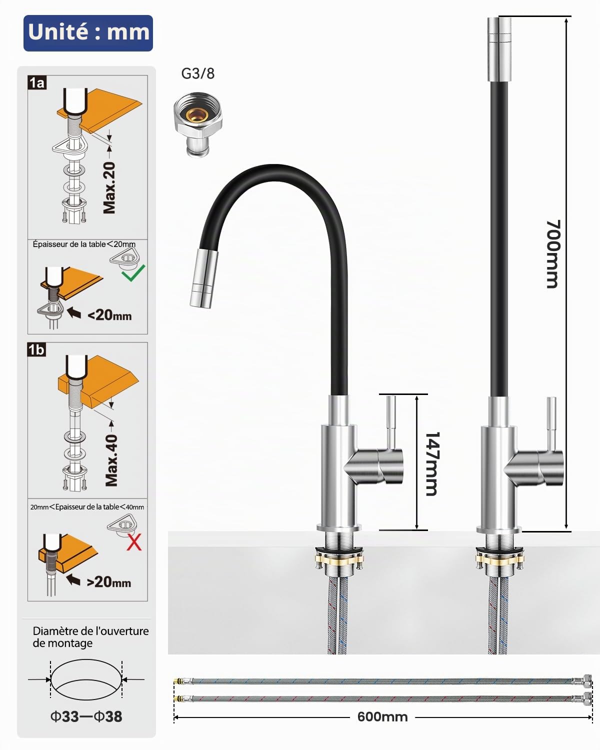 Robinet Cuisine avec Mitigeur et 2 Types de Jets, Pivotant à 360°, Noir