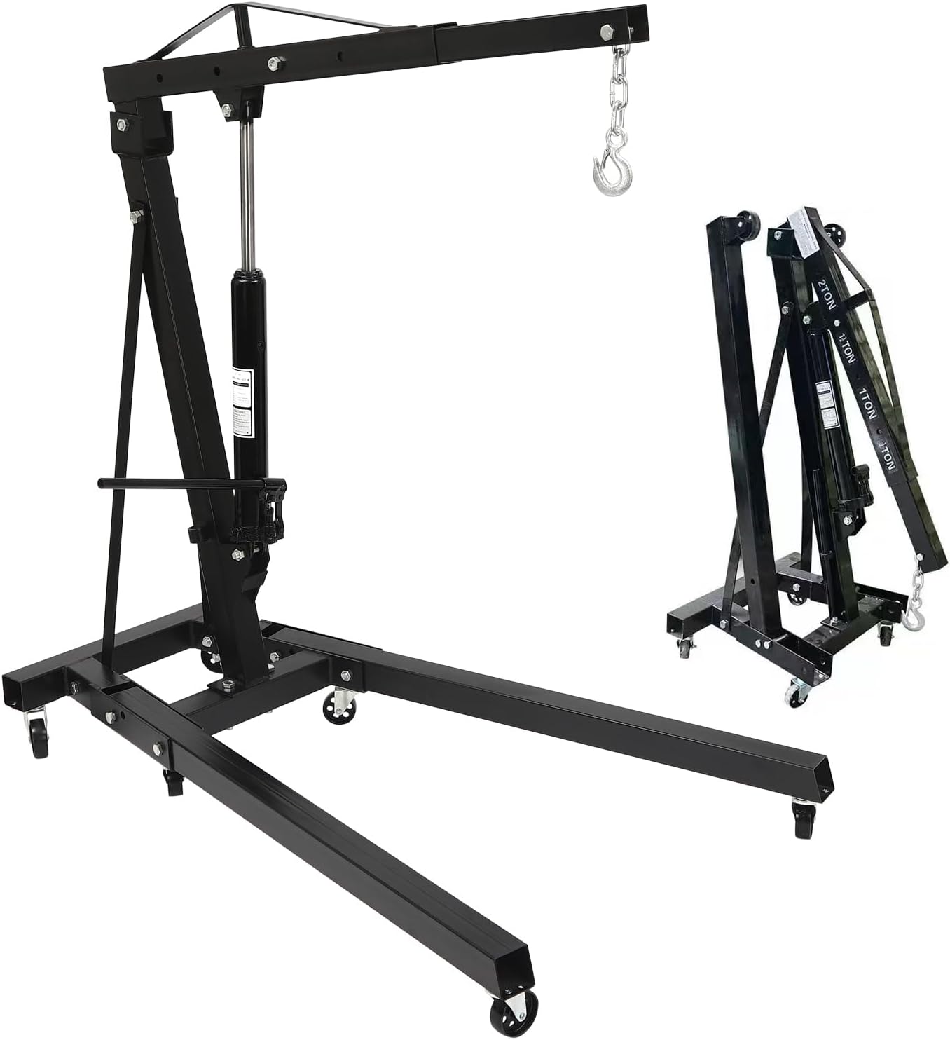 2 Ton Engine Hoist, 4000 Lbs Heavy Duty Folding Cherry Picker Engine,with 6 Iron Caster Wheels Telescopic Boom Hitch,for Garage, Workshop,Cherry (Black)
