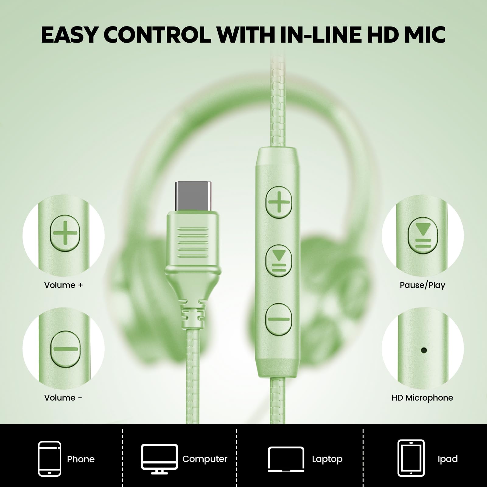 Cowyawn Cuffie USB C cablate, over-ear, con cavo USB C, con microfono, controllo del volume, suono stereo HD, cuffie pieghevoli USB di tipo C per adulti/ragazzi/laptop/computer/iPhone 15/16/17, verde