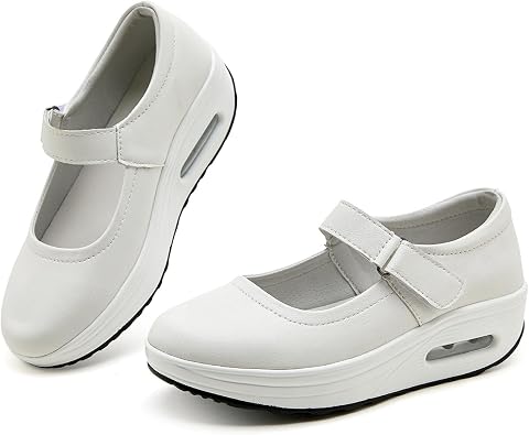 EnllerviiD Women Mary Jane Shoes Buckle Air-Cushion Casual Chunky Heel Round Toe Uniform Dress Platform Wedge Shoes Comfort Pumps Walking Shoes All-White40