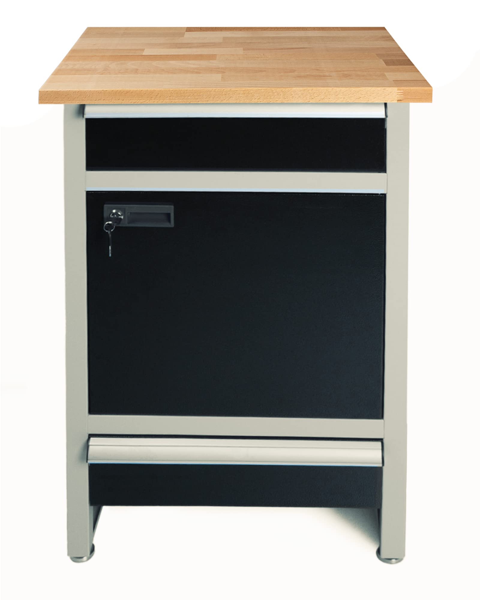 Ondis24 PRO Werkbank Finn 60cm Werktisch aus Metall mit 1 Tür 2 Schubladen und Aluminiumgriffen Schwarz Grau Arbeitshöhe 95cm wählbare Arbeitsplatte (Buche)