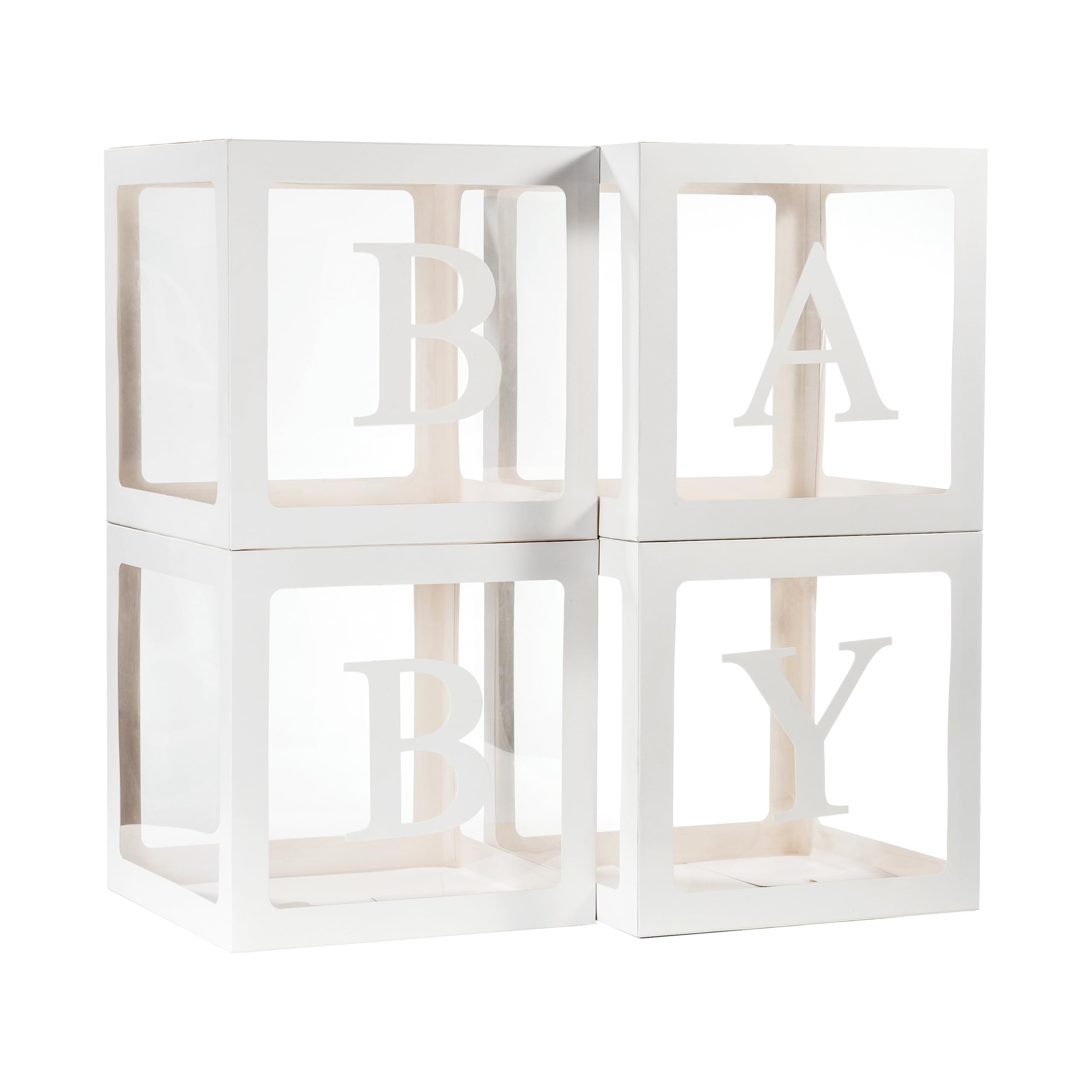 Baby Boxes with Letters for Baby Shower, 4 Transparent Balloon Boxes with 60 Letters & Numbers for Gender Reveal Decorations Birthday Wedding Party