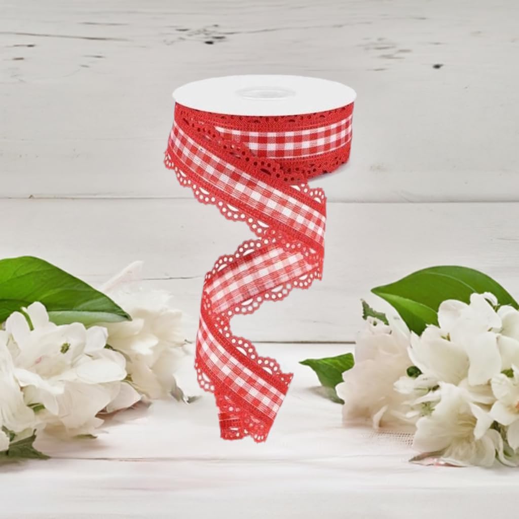 Craig Bachman 1.5 Scalloped Edge Gingham Ribbon: Red (10 Yard) Durable Fabric Wired Edge for Crafting, Elegant Floral Arrangements, Gift Wrapping, and Wreath Bow Making