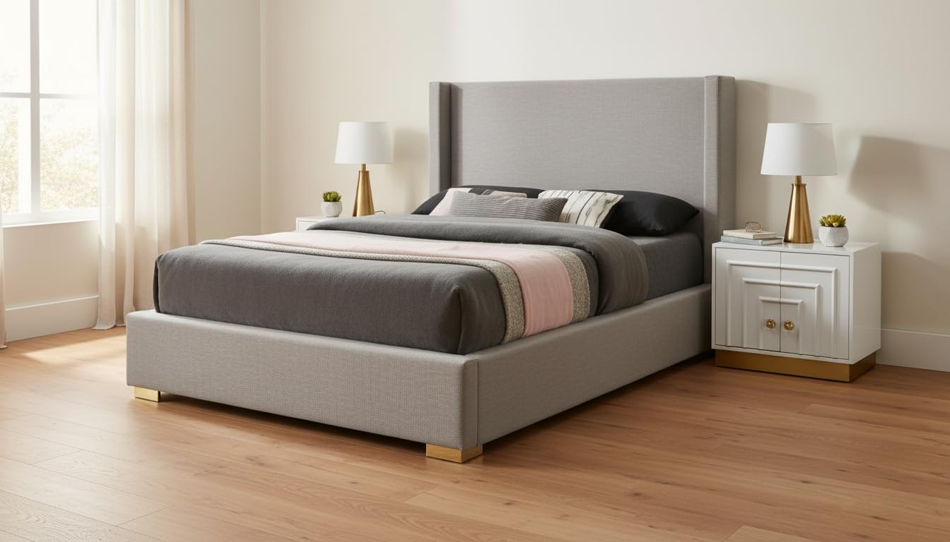 Meridian Furniture RoyceGrey-F Royce Collection Mid-Century Modern Linen Textured Fabric Upholstered Bed with Wing Back Headboard, 62" W x 84.5" D x 54.5" H, Grey, Full