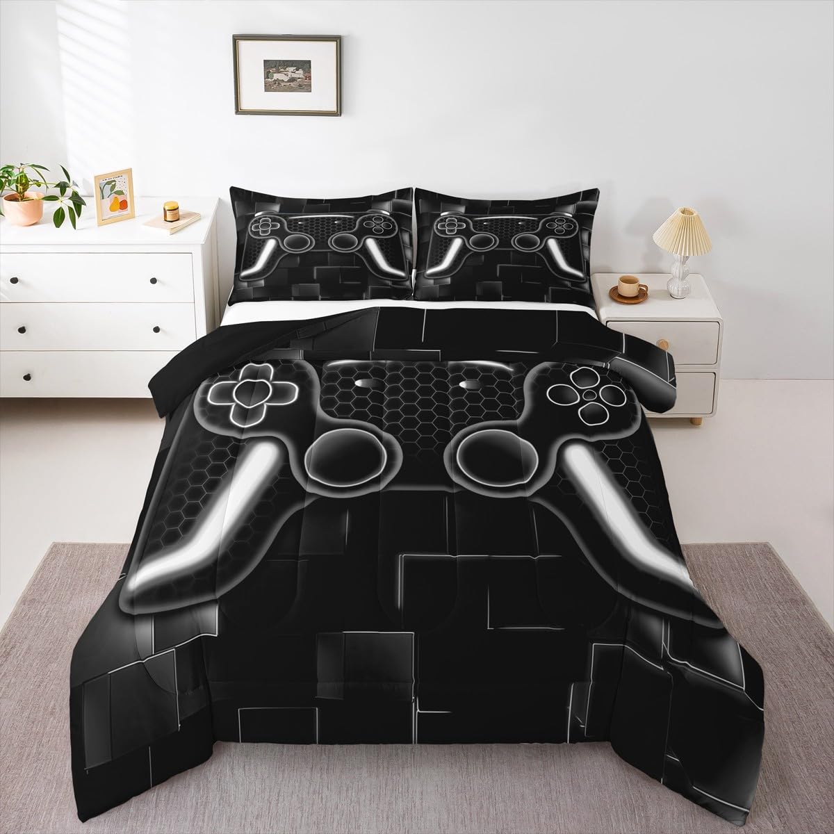 Boys Gamer Comforter Set Twin Size Gaming Bedding Set Kids Video Games Comforter for Teen Girls Gamer Room Decor Soft Black Grey Bed Set Microfiber