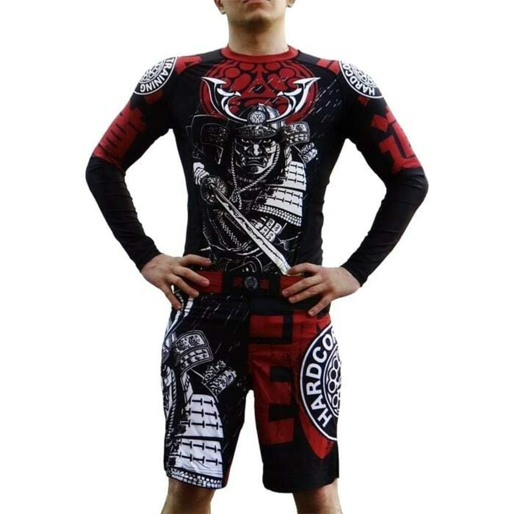 Hardcore Training Rash Guard Mężczyźni Kompresja Koszulka Długi Rękaw BJJ MMA No-Gi Obcisła Grappling Boks (DE/NL/SE/PL, Alfa, 4XL, Regularny, Regularny, Multicolor/Red)