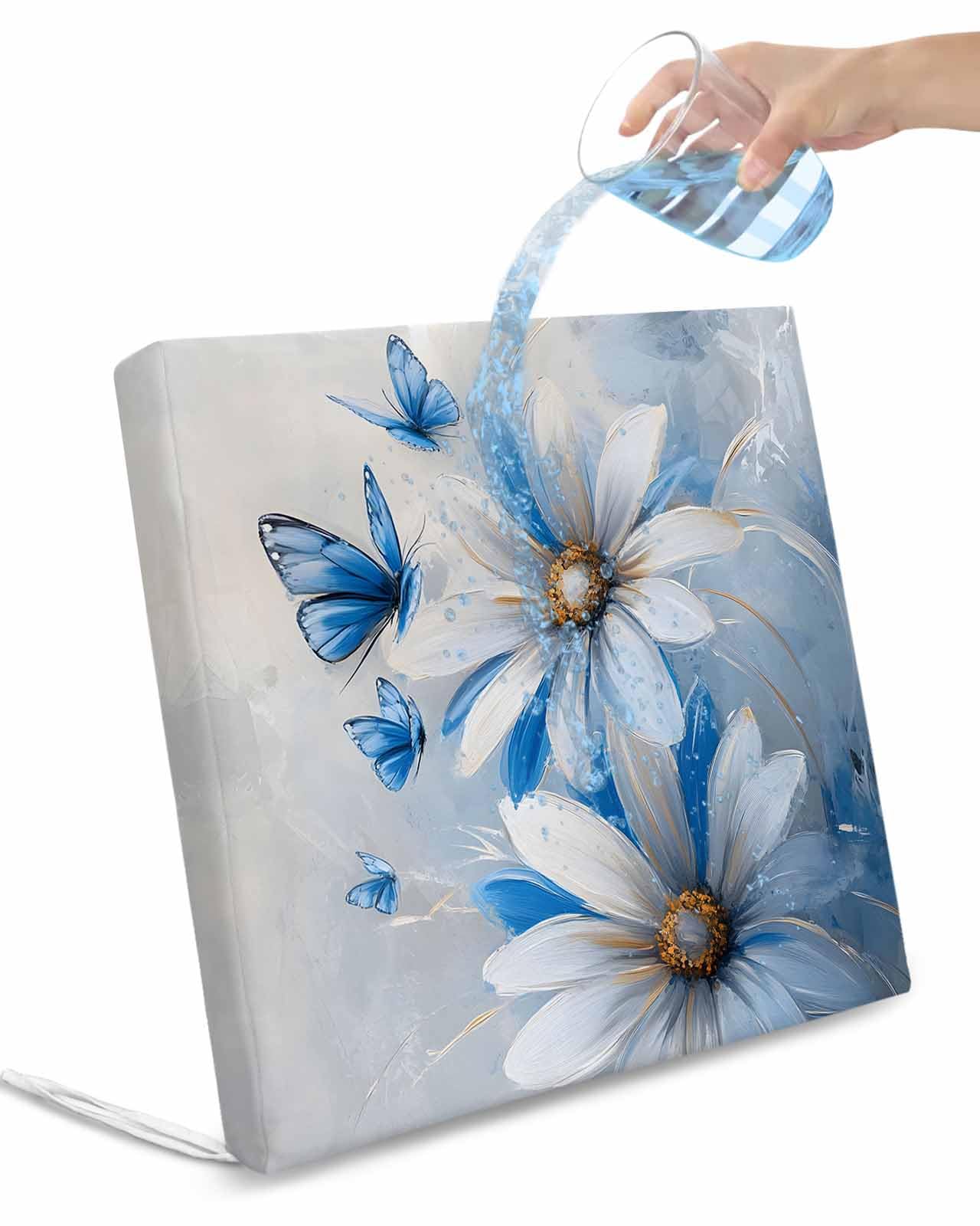 Hokiten White Blue Flowers Outdoor Cushion Chair Cover Set of 2 - Waterproof Couch Seat Covers, Pastoral Elegant Butterfly Floral Patio Furniture Protector Cushions Slipcovers for Sofa/RV, 22