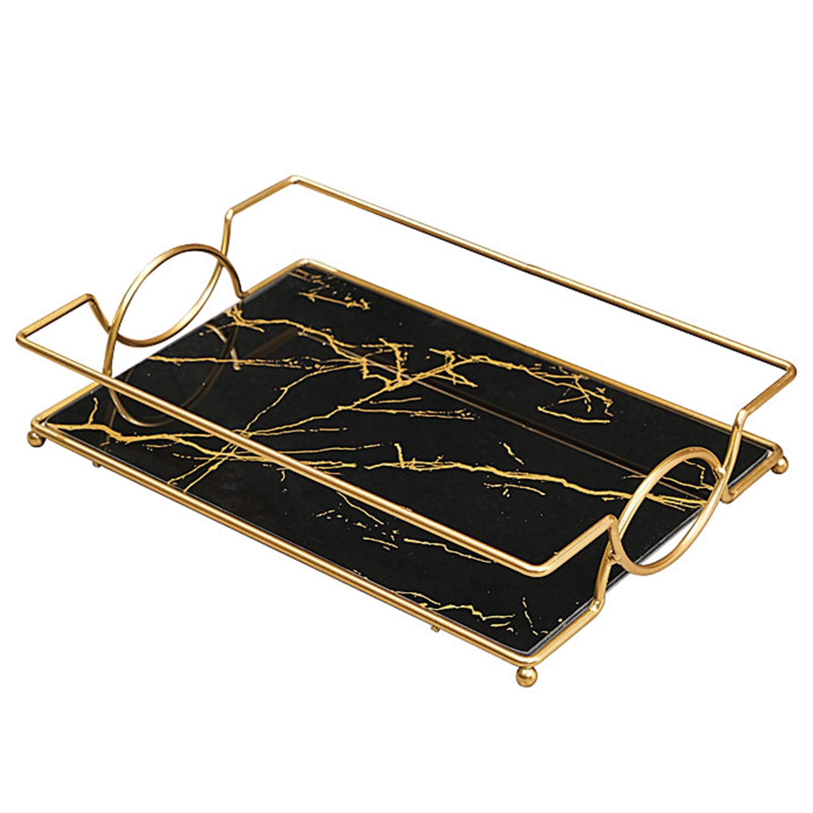 Virvia Vanity Tray Luxury Bathroom Counter Tray Glass Perfume Organizer Holder Cosmetics Makeup Skincare Display Decorative Vanity Trays for Bathroom Dresser Bedroom (Black Gold, L)