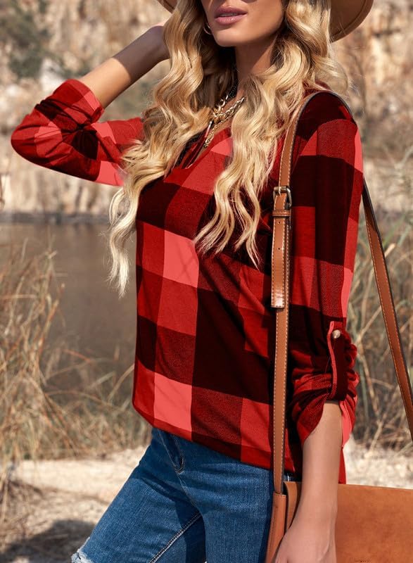 Image of Dokotoo Womens Tops Plaid Cotton Cuffed 3 /4 Sleeve Shirts Blouses