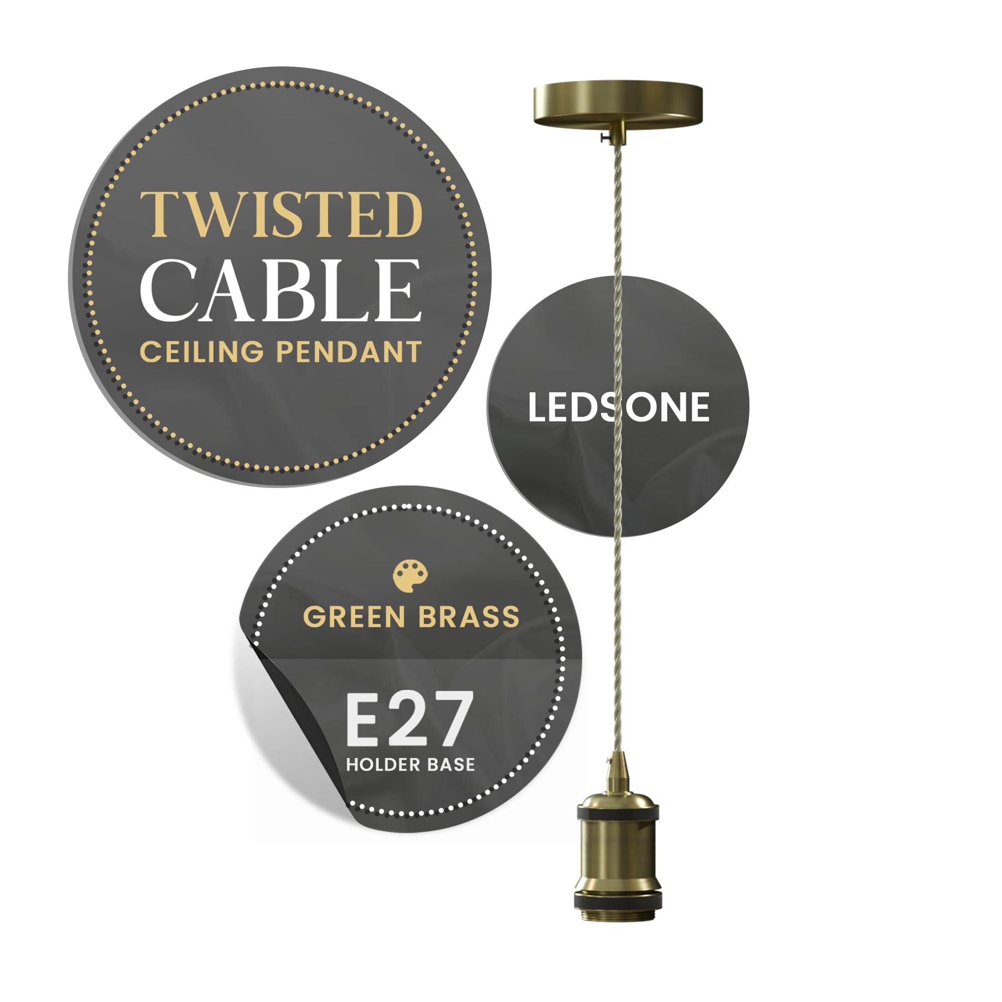 Brass Pendant Light Kit E27 Adjustable โ Industrial Ceiling Hanging Lamp with Army Green Braided Cable & Ceiling Rose Vintage Lighting Fixture UK
