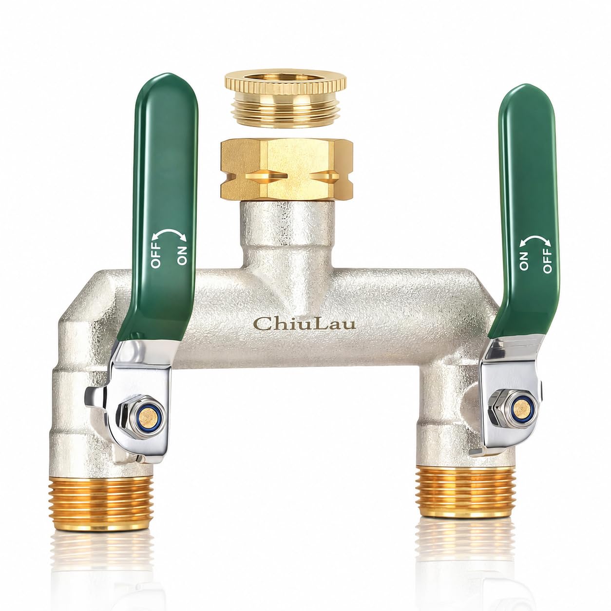 ChiuLau Brass 2 Way Hose Splitter, High Flow Garden Outdoor Faucet Splitter, 1/2 inch and 3/4 inch Tap Connector with On/Off Valves, 3-inch Extended Metal Handle Frost Resistant Full Flow Hose Adapter