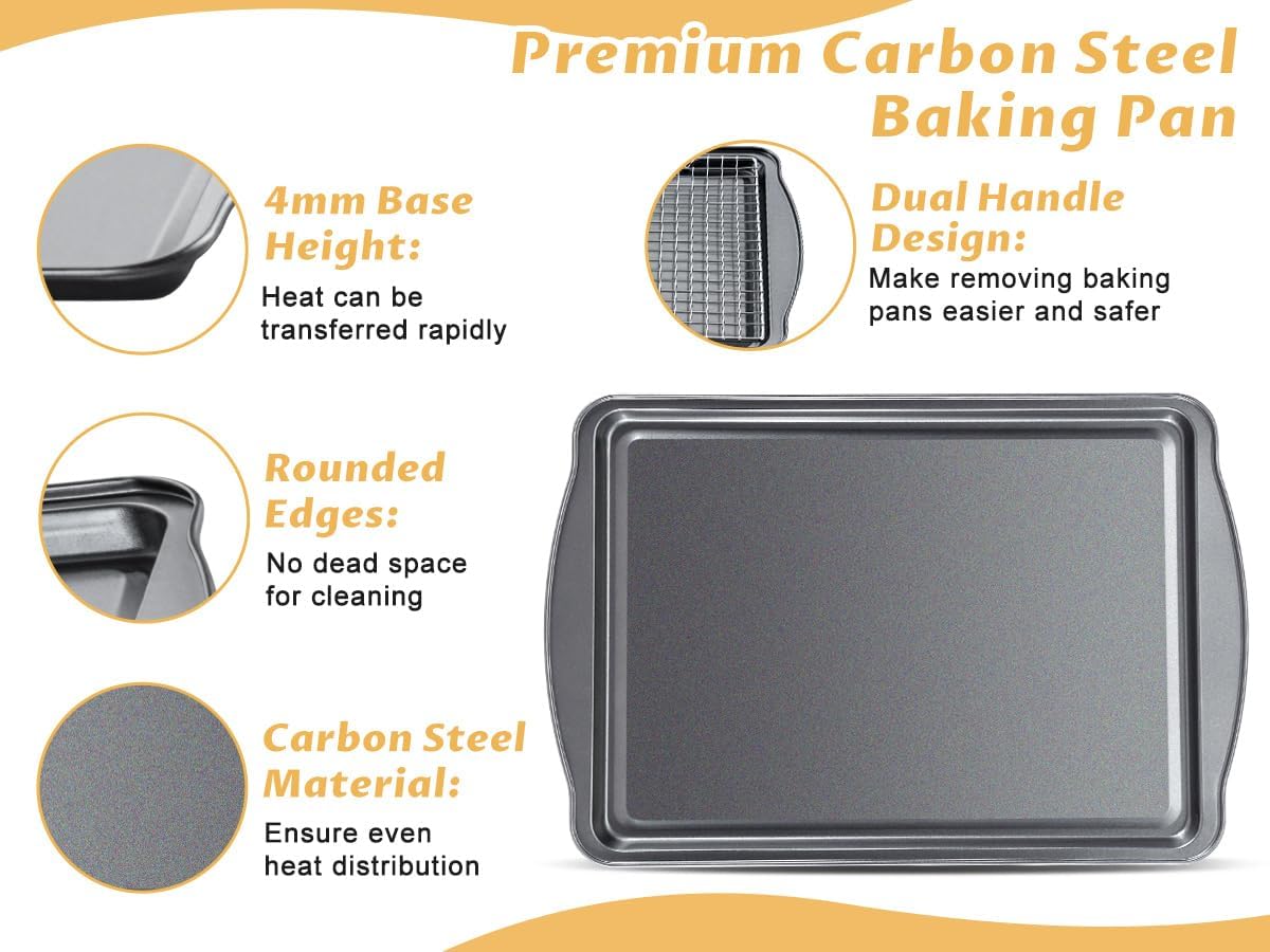 Baking Sheet with Cooling Racks - Carbon Steel Cookie Sheets for Baking [2 Sheets + 2 Racks], Nonstick Baking Pans, Perfect for Baking, Roasting, and More, Size 17 x 11 x 0.5 Inches