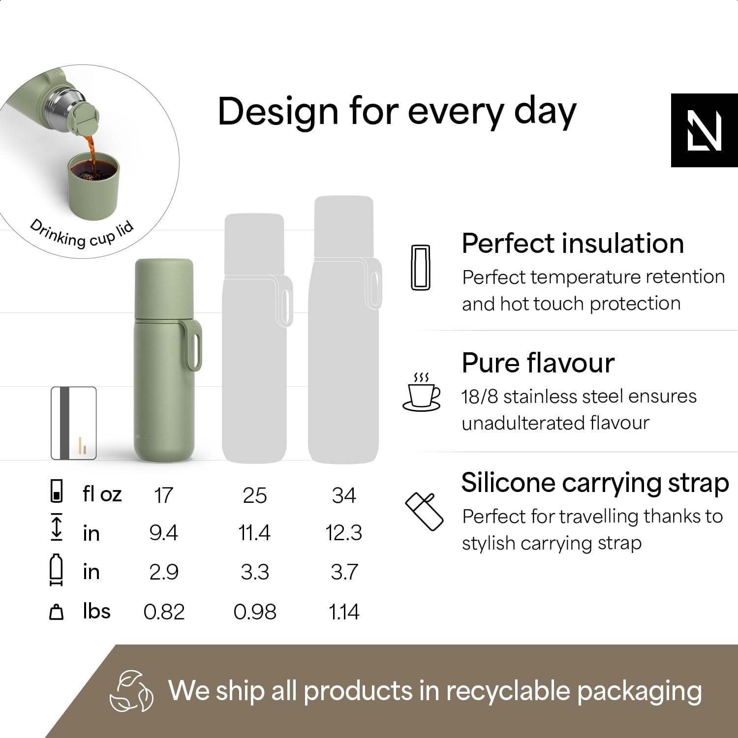 LARS NYSØM Stainless Steel Thermo Water Bottle - Double Wall Insulated Water Bottle with Cup & Carry Strap, Leakproof Metal Bottle for Travel, Office & Outdoor (Sage Green, 17oz)