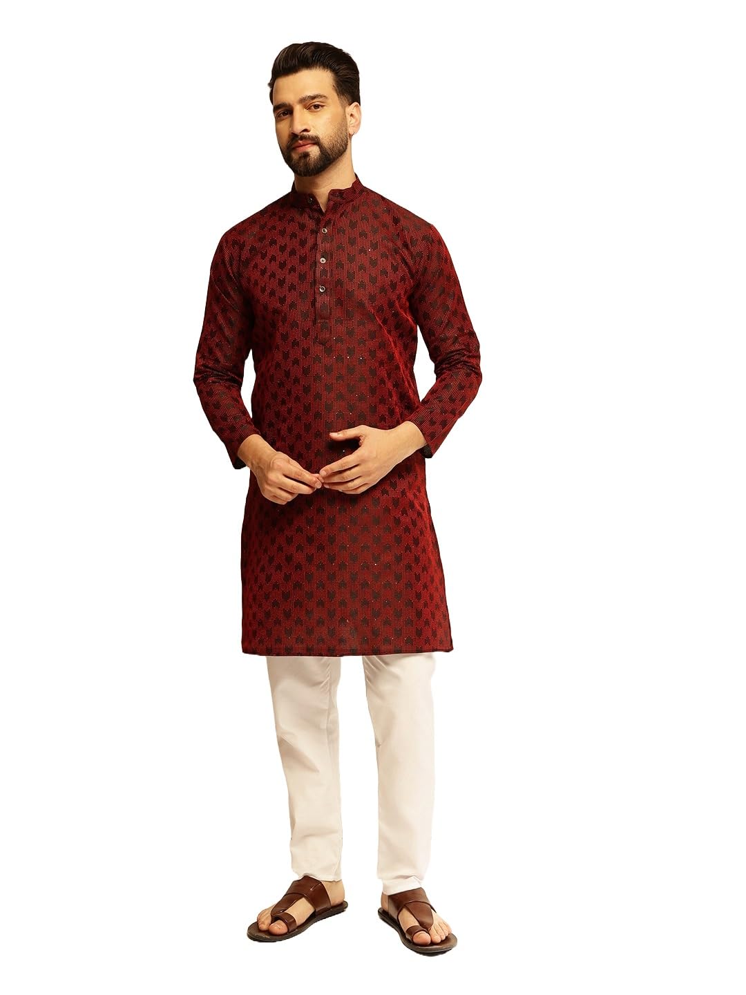 sojanya (Since 1958 Men's Jacquard Silk Contrast Red Thread Woven Design Kurta With Pyjama-picture-26