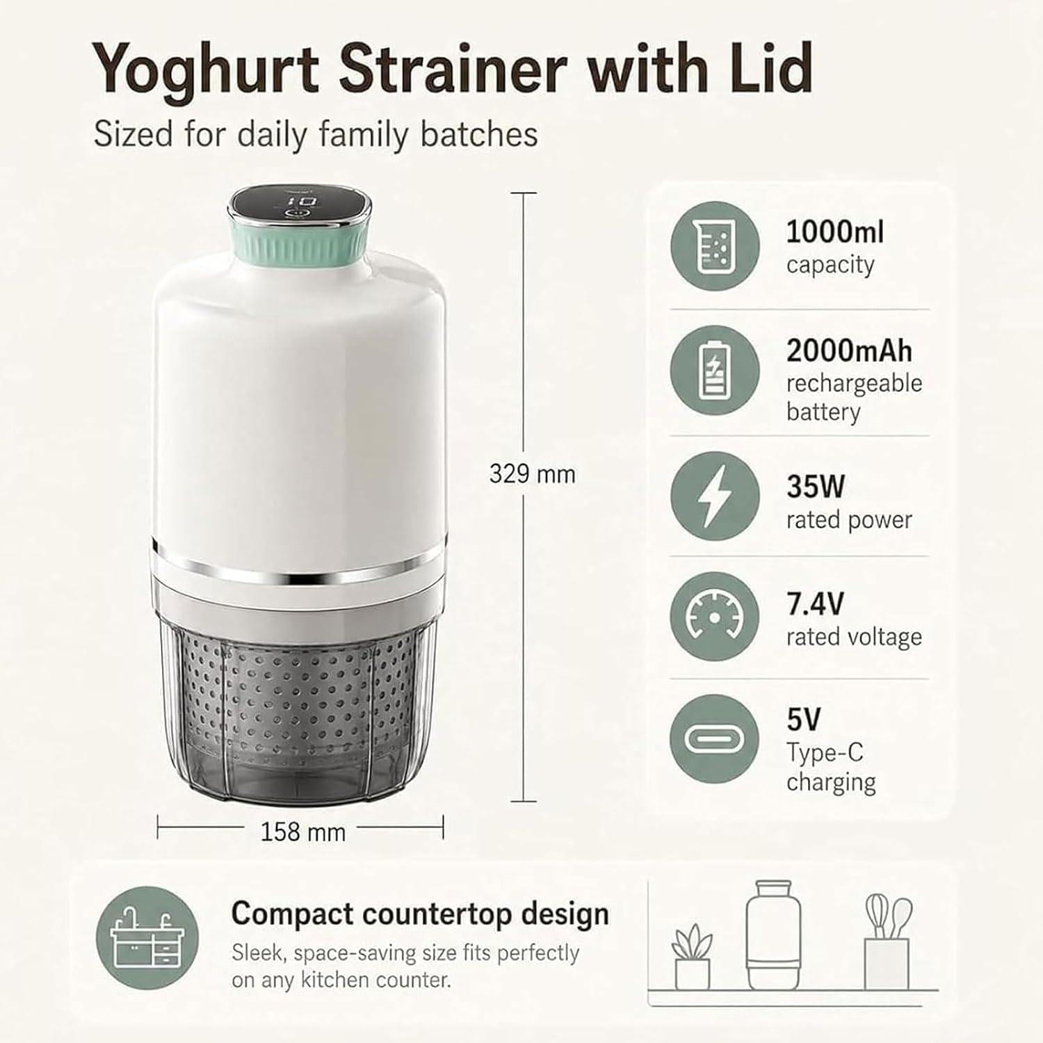 Colino per yogurt elettrico 1100 ml, 2000 mAh, separatore per siero di latte con 3 modalità, filtro 450 mesh yogurt greco denso e latte di soia. Facile da pulire e da