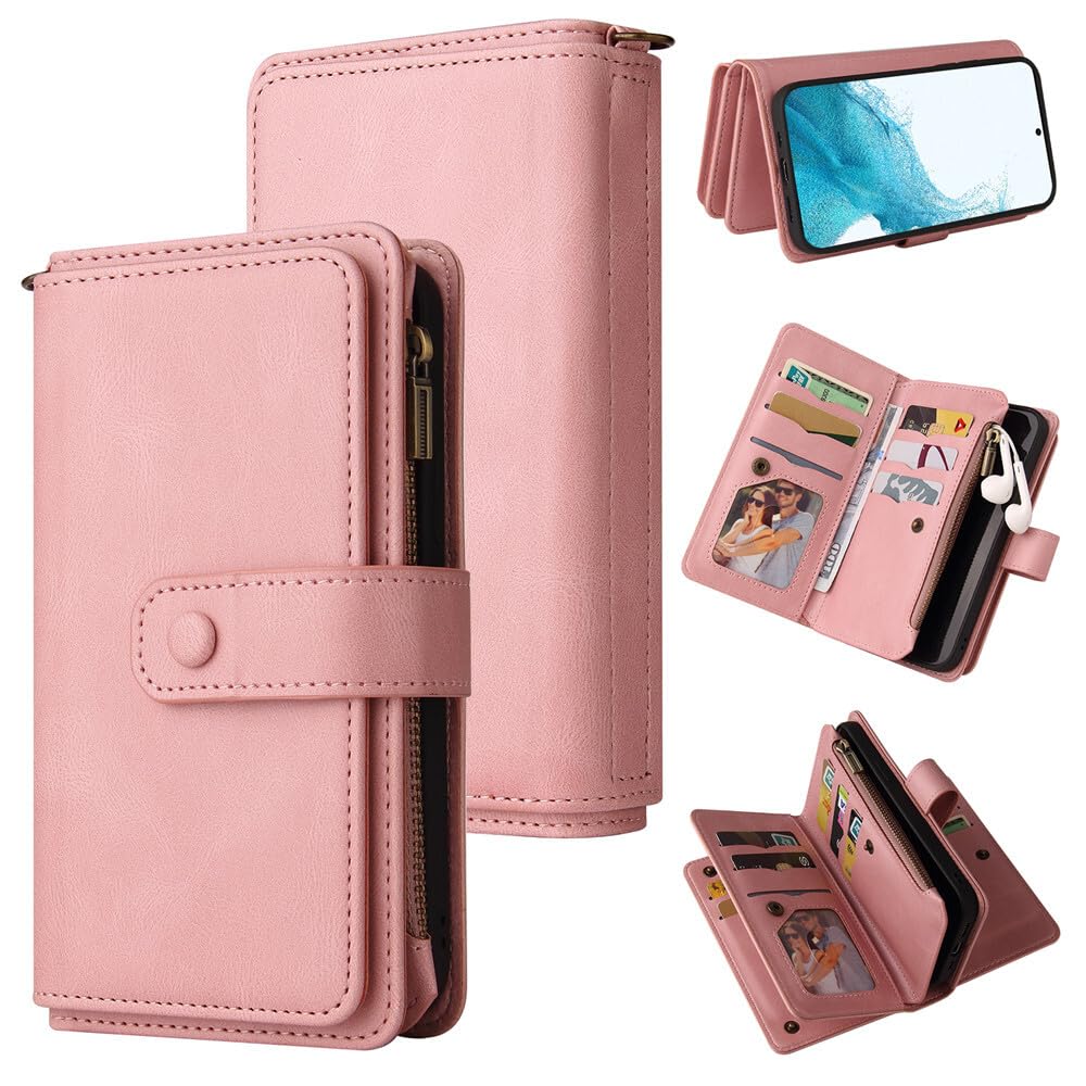 Étui pour Samsung S26 rose : housse portefeuille double en cuir à fermeture éclair - 8