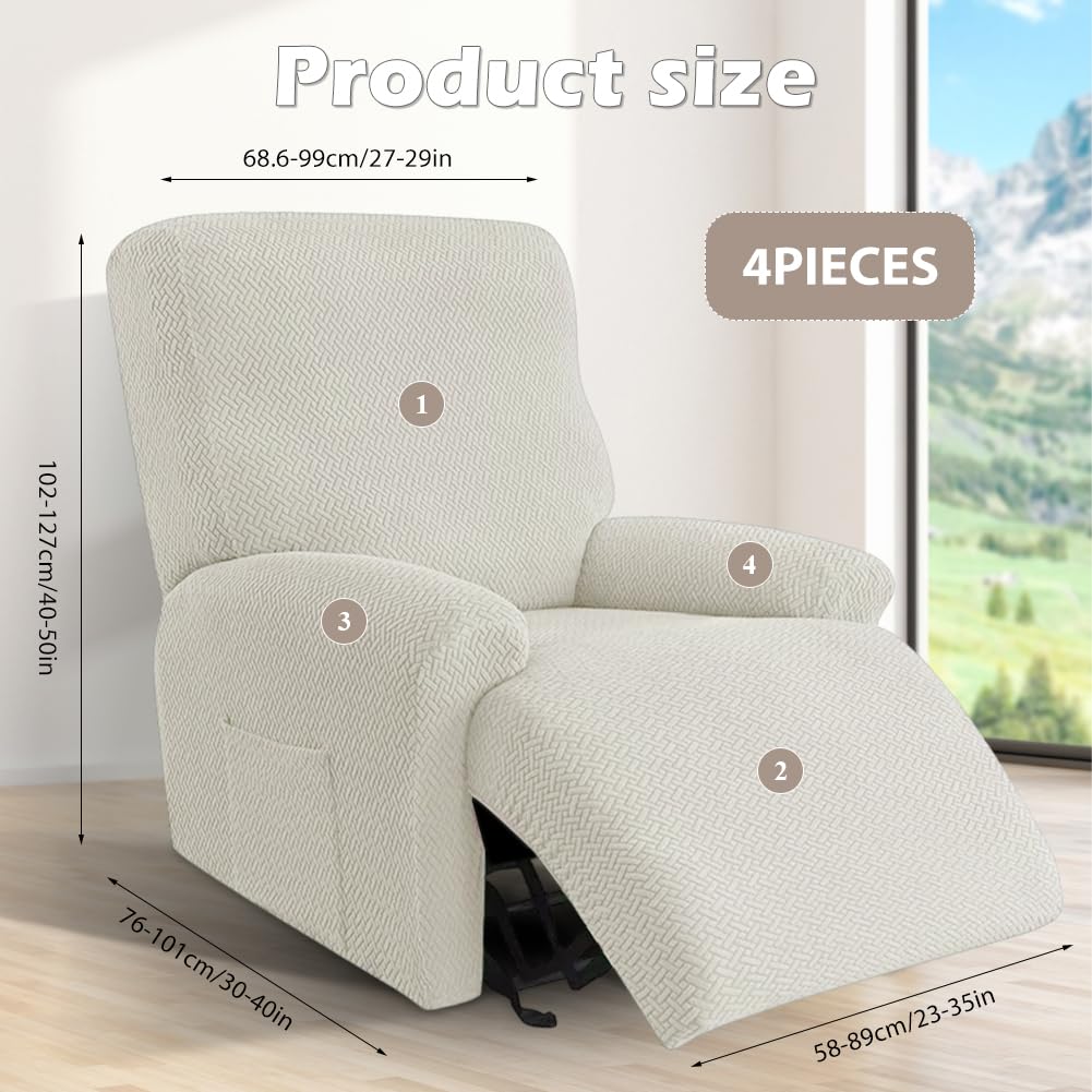 Set di 4 coprisedia per poltrona relax, copertura stretch completa, coprisedia lavabile con tasche, coprisedia per poltrona, fodera per divano, per poltrona relax (Beige)