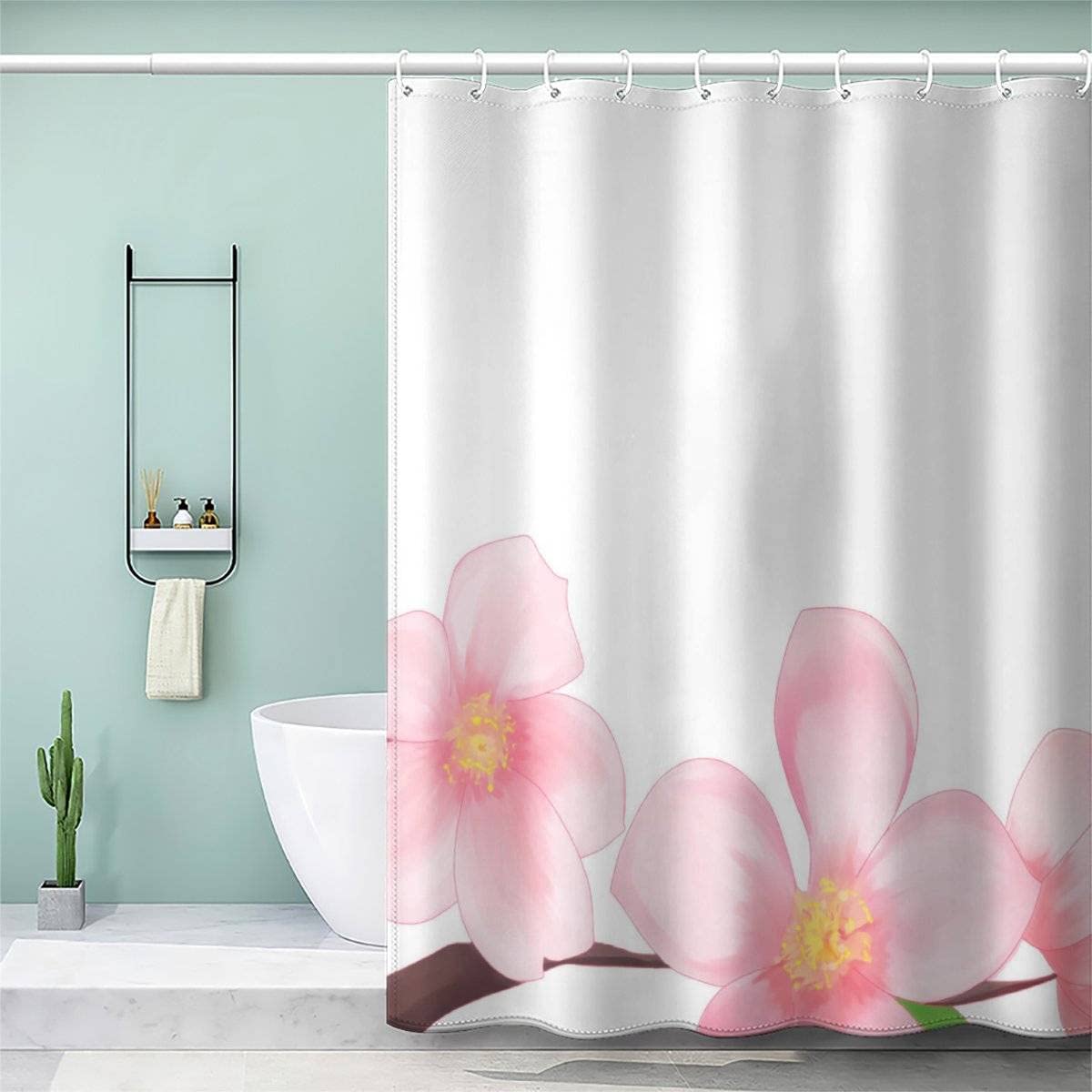 AOLIGL Spring Blooming Flowers Pink Shower Curtain 120x180cm for Bathroom Kitchen Washable Bathroom Curtain Peach Blossom Hand Drawn, Polyester Fabric Bathroom Curtain Anti Mould Shower Curtain Kids — image 1