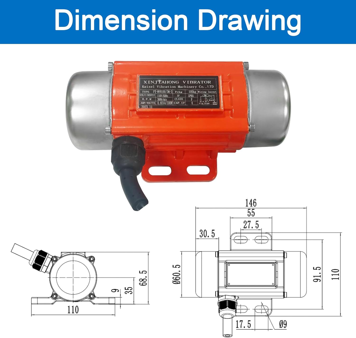 Concrete Vibrator Vibration Motor Single Phase AC 110V 3600RPM Vibrating Motor With Power Plug for Shaker Table (30 Watts)