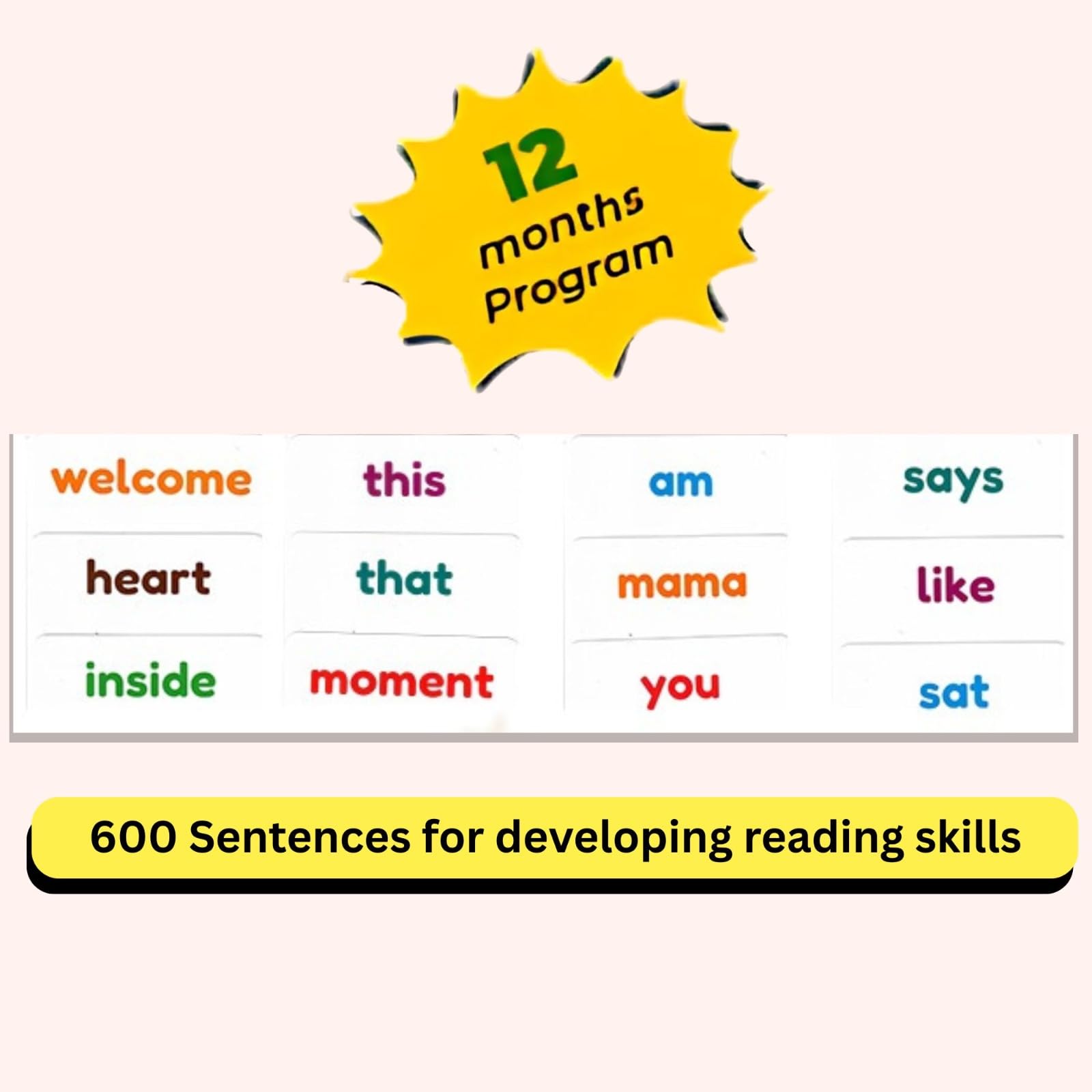 Hungry Brain Schede flash con parole visive per asilo, 600 flashcard di lettura con frasi di libri di storia, programma di lettura di 12 mesi, lettura precoce e vocabolario per bambini dai 3 anni in