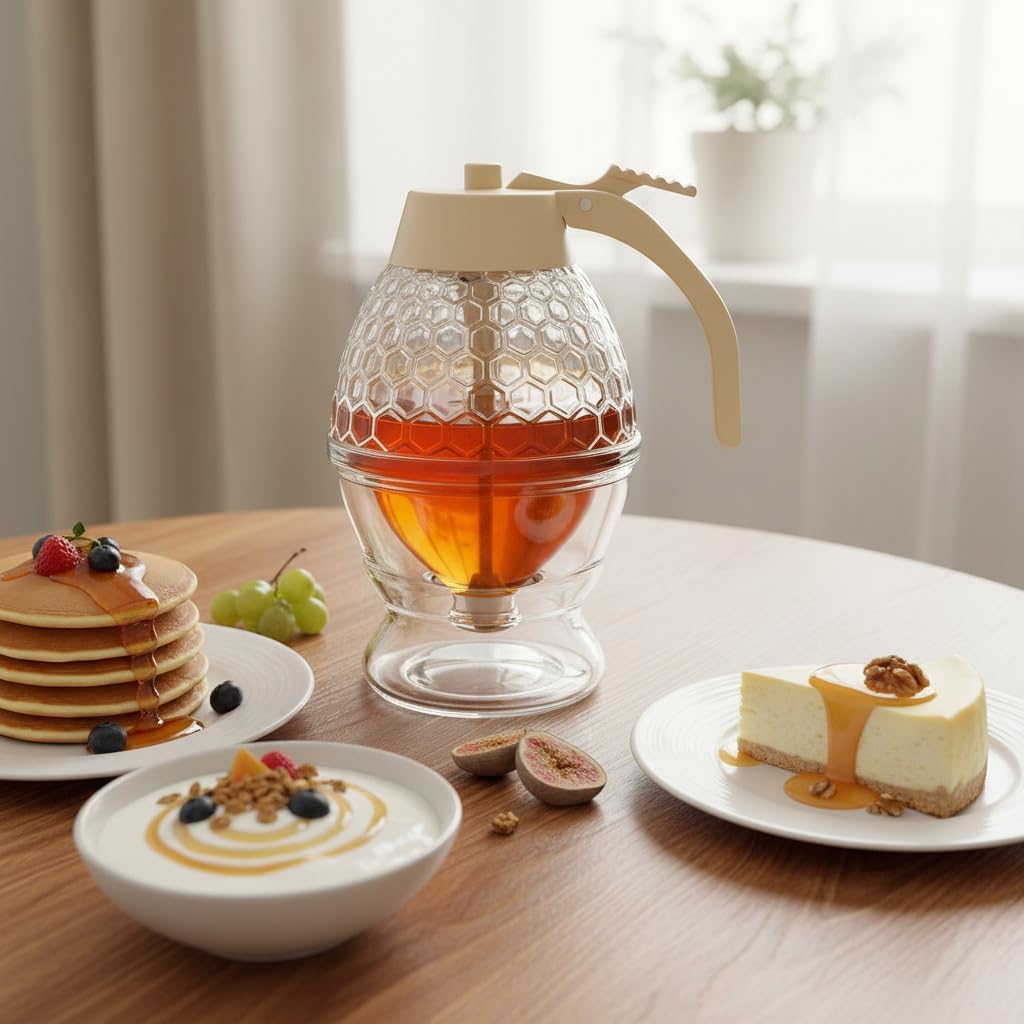 Ahhute Honey Dispenser, No Drip Glass Maple Syrup Dispenser with Stand image 3
