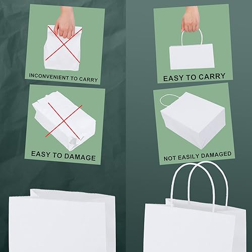 Miniatura 6 de METRONIC 100 bolsas de papel de regalo de 10 x 5 x 13 pulgadas, bolsas de papel kraft blancas de tamaño mediano con asas, bolsas de papel de estraza