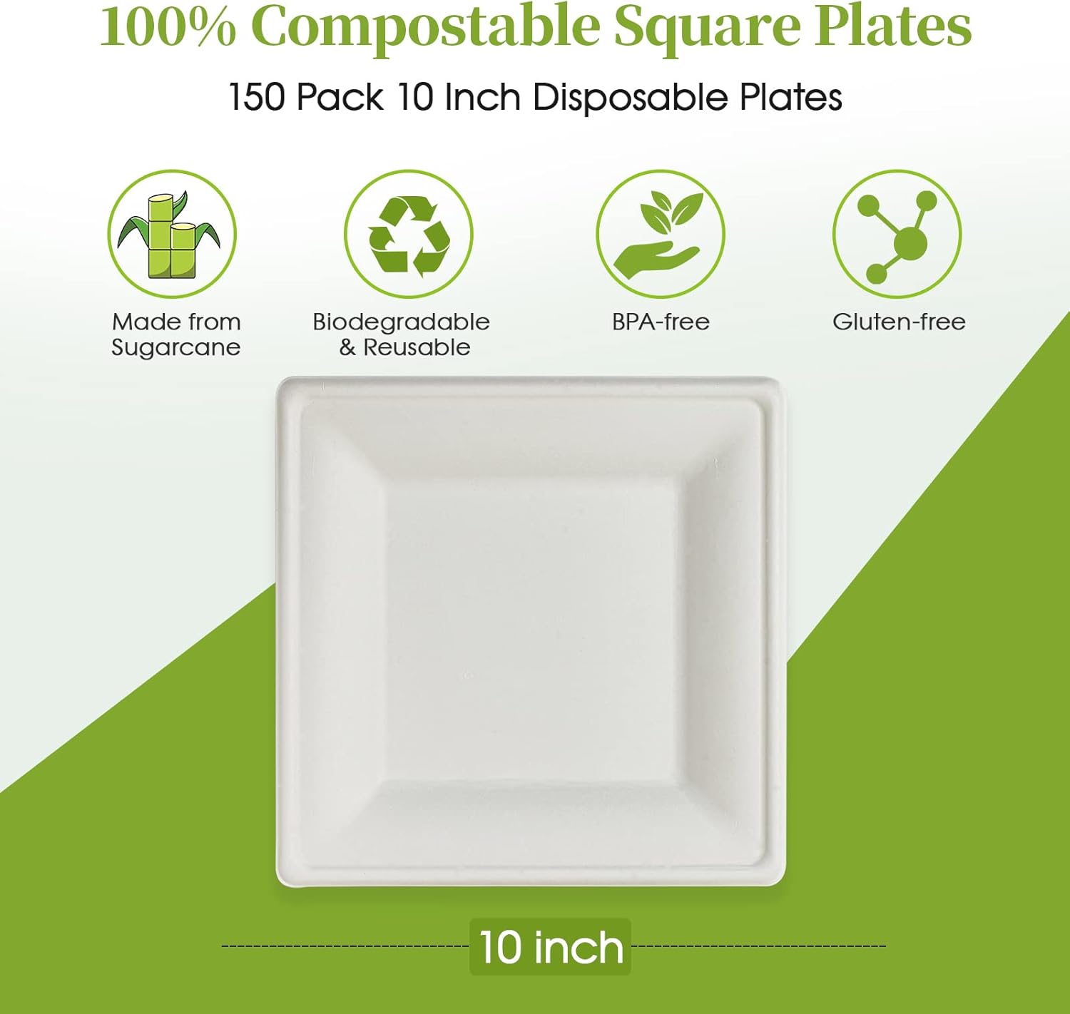 ECOLipak 150 Pieces Compostable Square Paper Plates, 10 inch Disposable Plates Square, Eco-friendly Biodegradable Sugarcane Bagasse Plates for Party Dinner Birthday