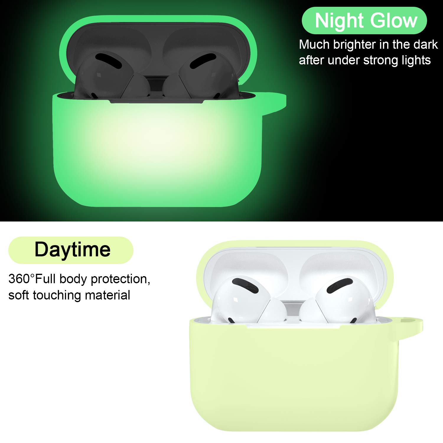 Hamile Custodia protettiva per AirPods Pro, in silicone, antiurto, per Apple Airpod Pro 2019, con portachiavi, giallo, verde, verde notte