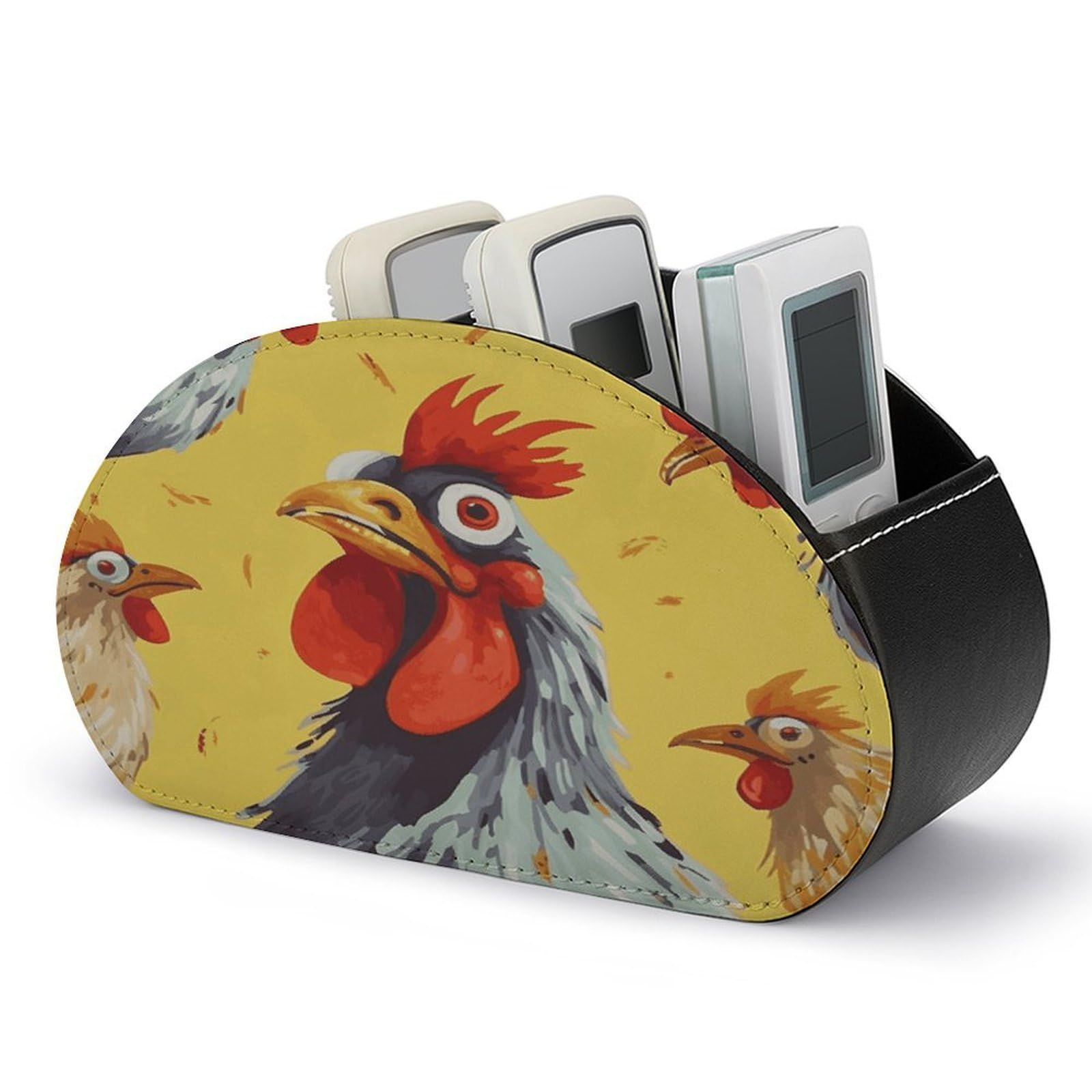 VstaDank Art Chicken Painting Remote Control Holder with 5 Compartments PU Leather Remote Caddy Desktop Organizer Store TV Remote Control Storage Box for Home Office Desk Nightstand