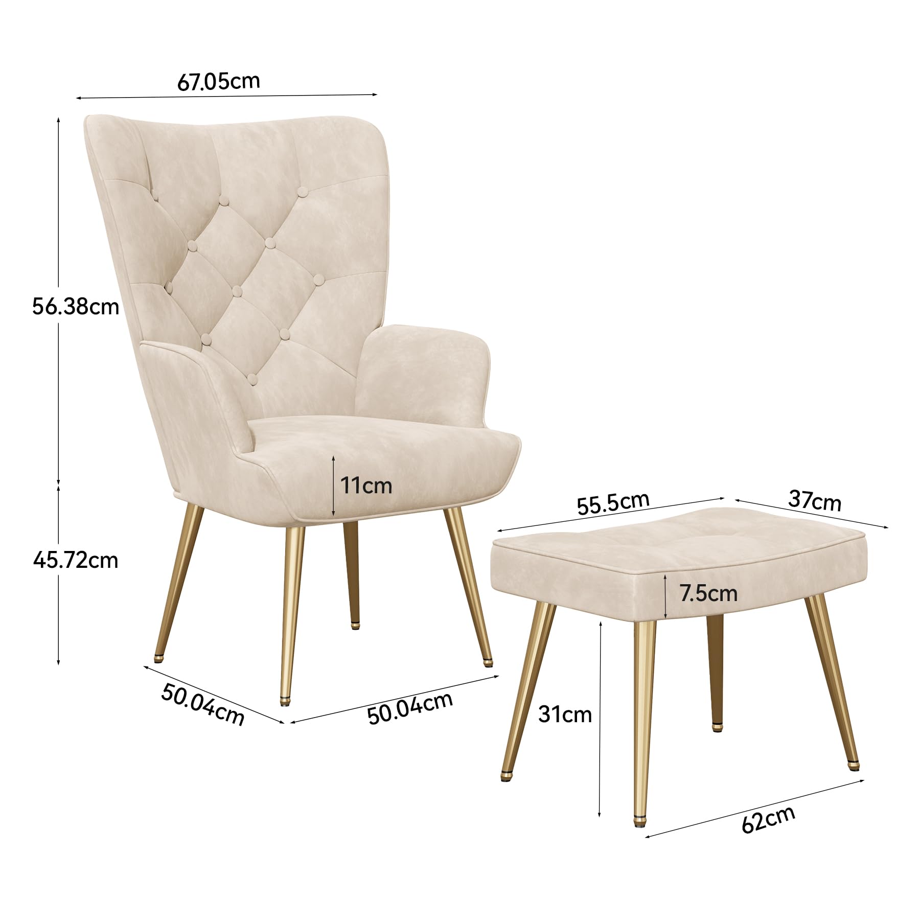 Hawthyhome Eleganter Sessel polsterstuhl Ohnzimmer Sessel Schminktisch Stuhl mit Hocker mit Metall Beinen fürs Wohnzimmer/Schlafzimmer Bis 150 KG belastbar Beige