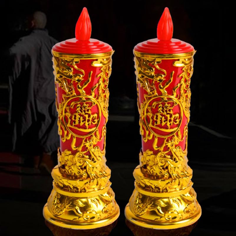 Image of 1pair Led Electronic Candle Lights for Home Decor Flameless Pillar Candles with Chinese Style Design for Buddhism Worship Sacrifice Events and Daily Use