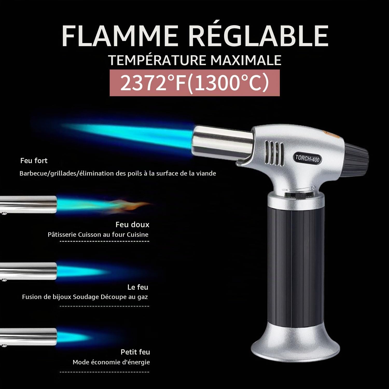 S400 Briquet de cuisine rechargeable compatible avec toutes les boîtes de butane Flamme réglable Idéal pour les barbecues, pâtisseries, desserts et gâteaux à la crème.