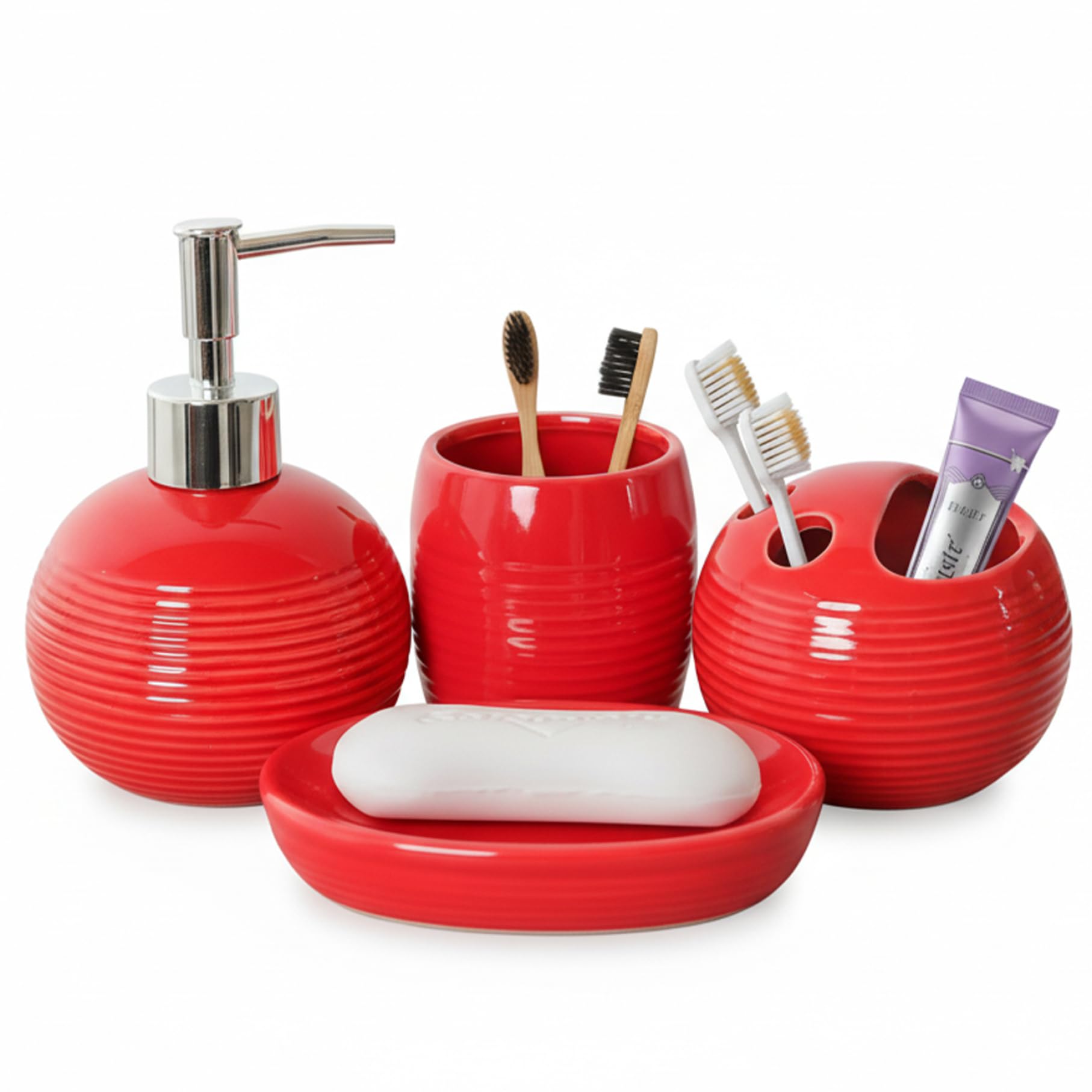 Accessori da Bagno Rossi da 4 Pezzi, Set di Accessori da Bagno Moderni in Ceramica Include Dispenser di Sapone, portaspazzolino, Bicchiere e portasapone per la casa