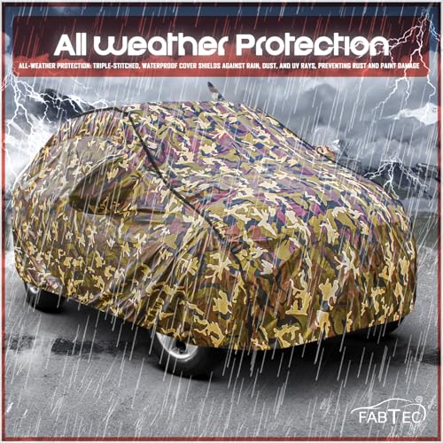Image of FABTEC Car Body Cover for Tata Tiago Jungle Print with Soft Cotton Lining Waterproof Car Cover UV & Rain Protection with Mirror and Antenna Pocket Bottom Elastic (Military /Camouflage Pattern)