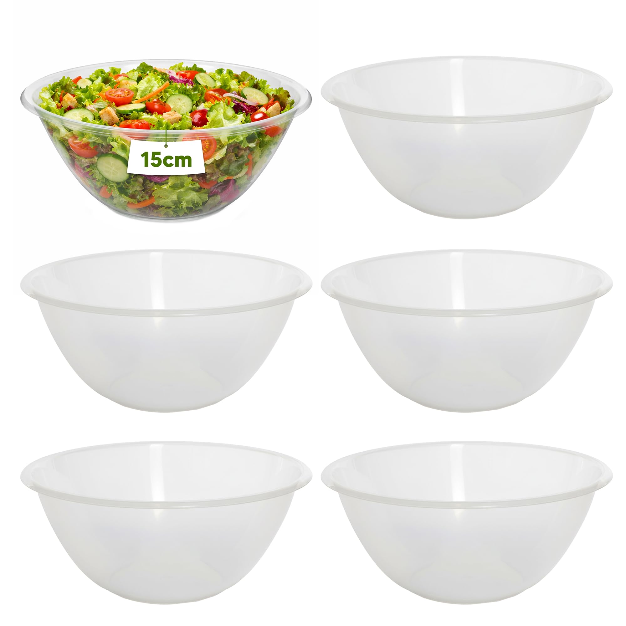 AXXTAN 6 x Plastic Mixing Bowls 15cm (1000ml) Microwave & Dishwasher Safe, Clear Kitchen Cooking Serving Bowl Set for Food Prep Baking, Mixing Salad, Fruit & Vegetable Nesting Bowls