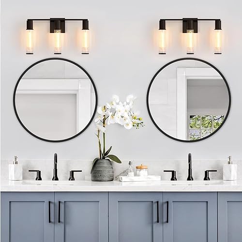 Miniatura 5 de PUNSOKO Lámparas de baño de 3 luces, modernas luces negras sobre el espejo, aplique de pared con pantalla de vidrio roscado, luces de tocador negras