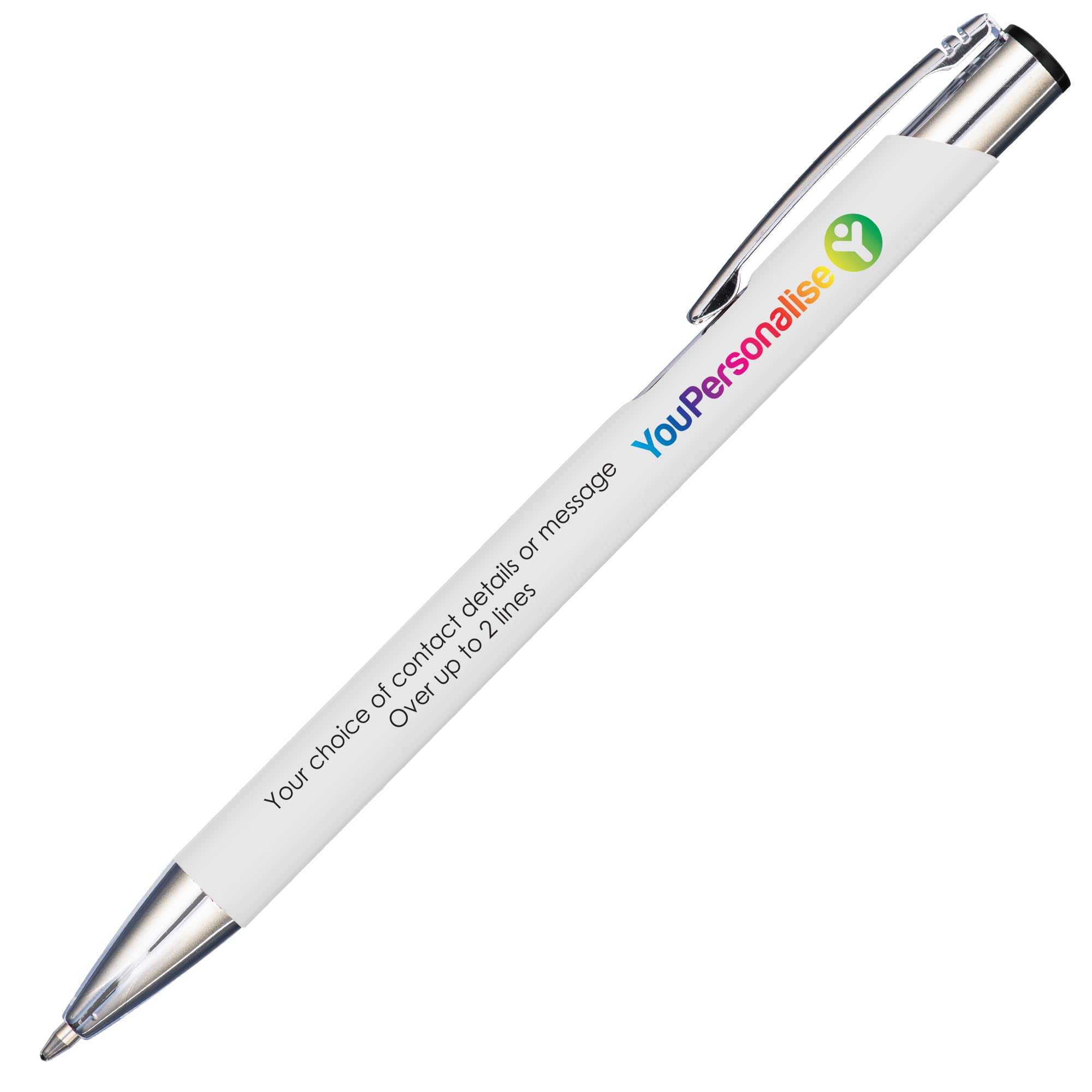 30 Premium Business Logo and Text Personalised Promotional Full Colour Print Soft Touch Mood Pens in White